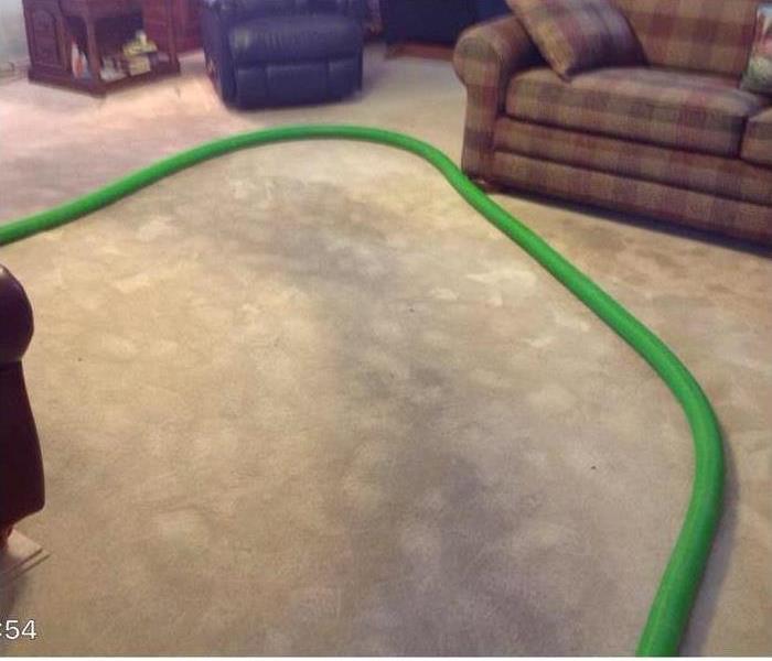 water on carpet and green drying hose